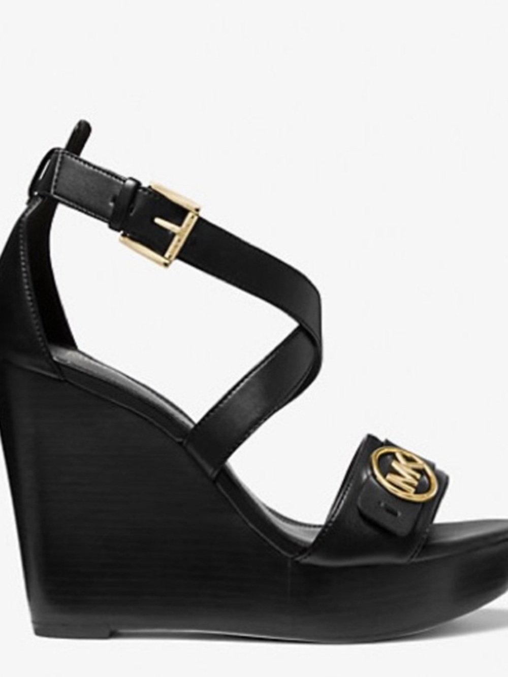 Michael Kors Black Leather Wedge Sandal with Gold MK Emblem